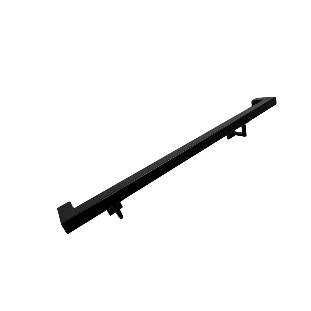 1-1/2 inch square matte black steel handrail on a plain white background, showing both mitred return ends and two wall brackets