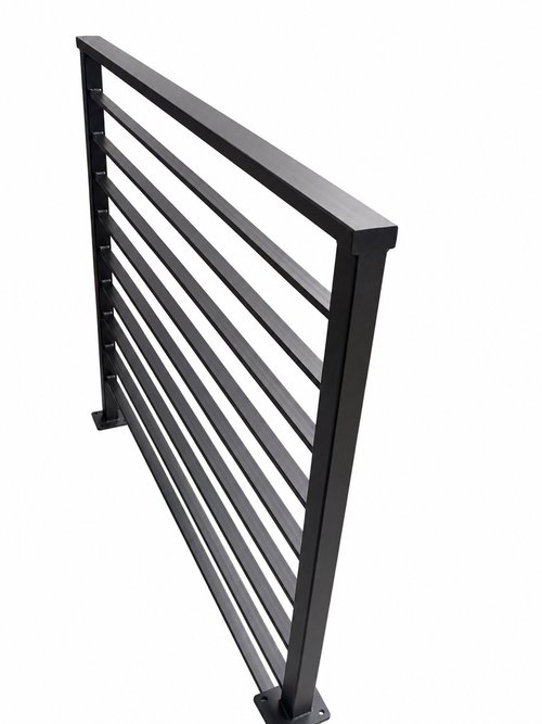 Horizon horizontal bar railing panel seen at an angle — matte black powder coated steel guardrail showing post depth and the welded horizontal bars, custom made to size in New Jersey