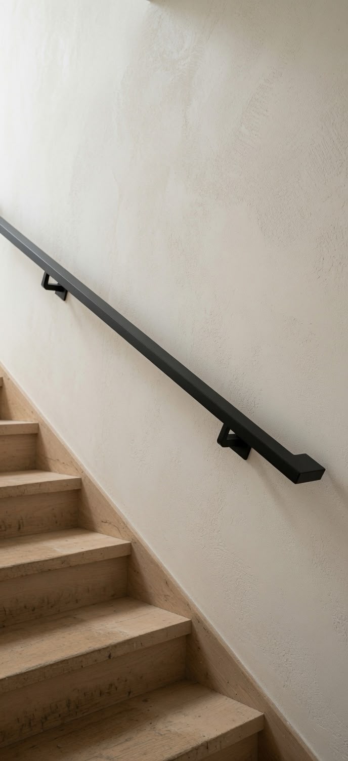 2 inch by 1 inch matte black steel handrail mounted on a stair wall with mitred return, wood treads