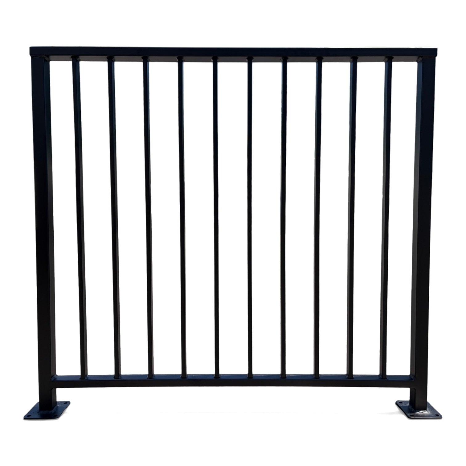 Axis vertical bar railing panel in matte black powder coated steel — custom welded guardrail with flat top cap rail and bolt-down base plates, made to size in New Jersey