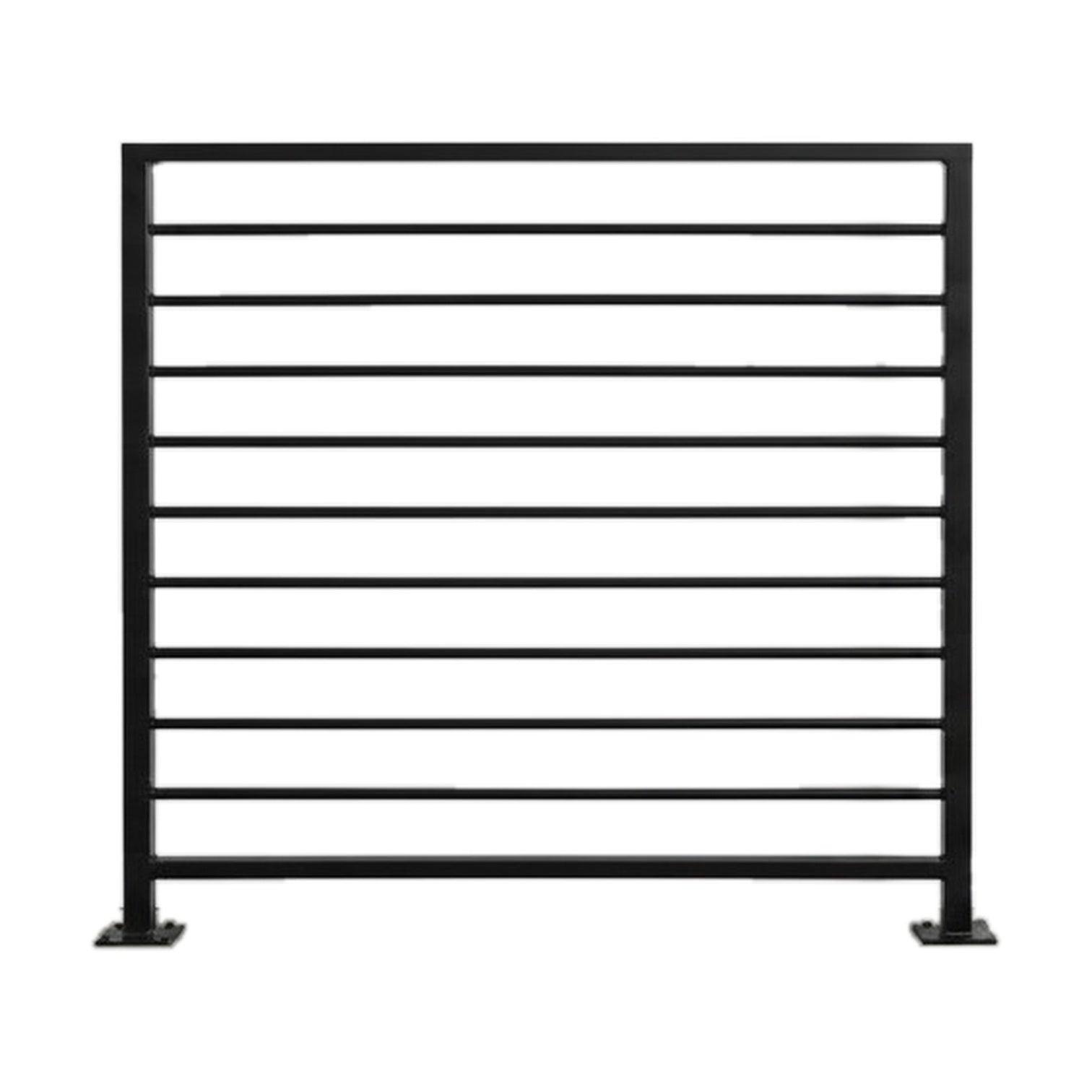 Horizon horizontal bar railing panel in matte black powder coated steel on a plain white background — welded guardrail with evenly spaced horizontal bars and bolt-down base plates, custom made to size in New Jersey