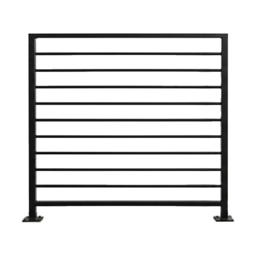 Horizon horizontal bar railing panel in matte black powder coated steel on a plain white background — welded guardrail with evenly spaced horizontal bars and bolt-down base plates, custom made to size in New Jersey