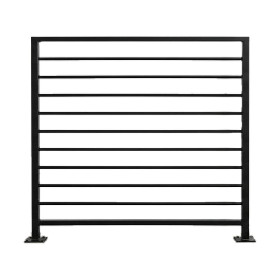 Horizon horizontal bar railing panel in matte black powder coated steel on a plain white background — welded guardrail with evenly spaced horizontal bars and bolt-down base plates, custom made to size in New Jersey