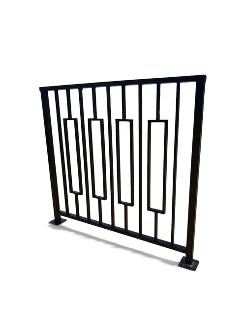 Keystone framed steel railing panel at an angle showing the floating frames standing proud of the pickets, matte black powder coat