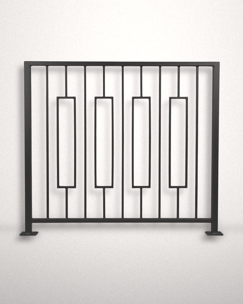 Keystone framed railing panel in matte black powder coated steel standing against a plain wall — four floating rectangular frames between vertical bars, custom welded guardrail made to size in New Jersey