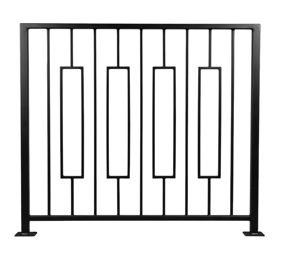 Keystone framed railing panel in matte black powder coated steel — four floating rectangular frames between vertical bars, custom welded guardrail made to size