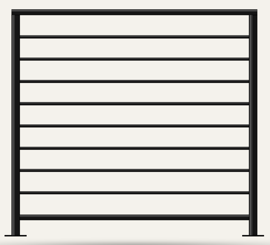 Modern horizontal bar metal railing — matte black powder coated steel balcony and deck railing panel, custom width