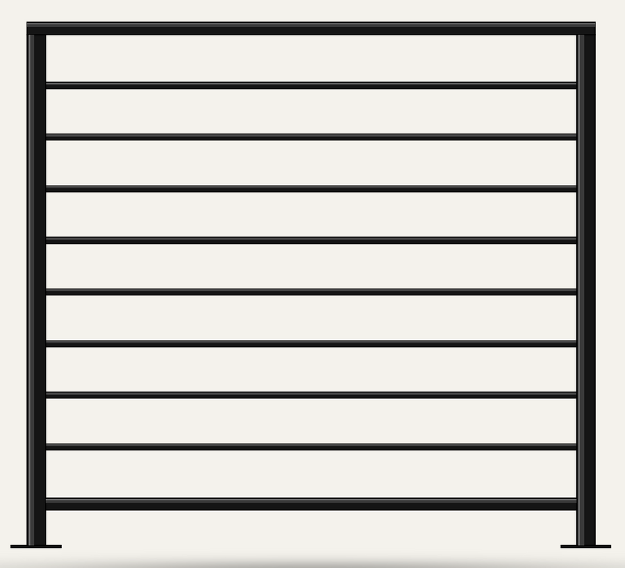 Modern horizontal bar metal railing — matte black powder coated steel balcony and deck railing panel, custom width